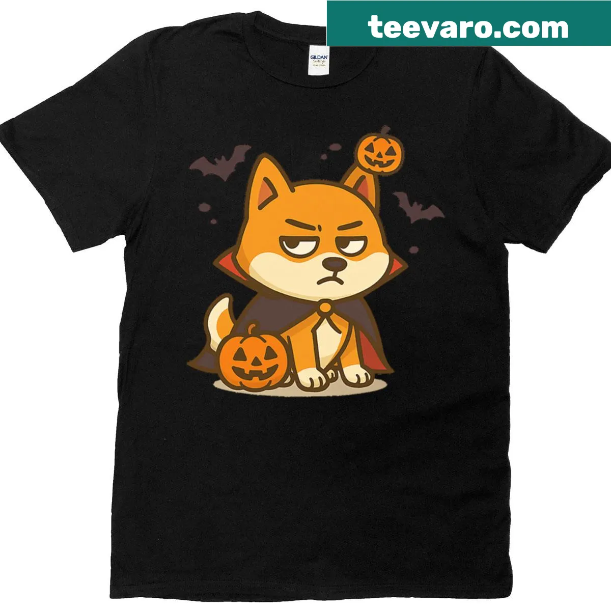 Kawaii Halloween t-shirt with Shiba Inu vampire cartoon — on a men's t-shirt