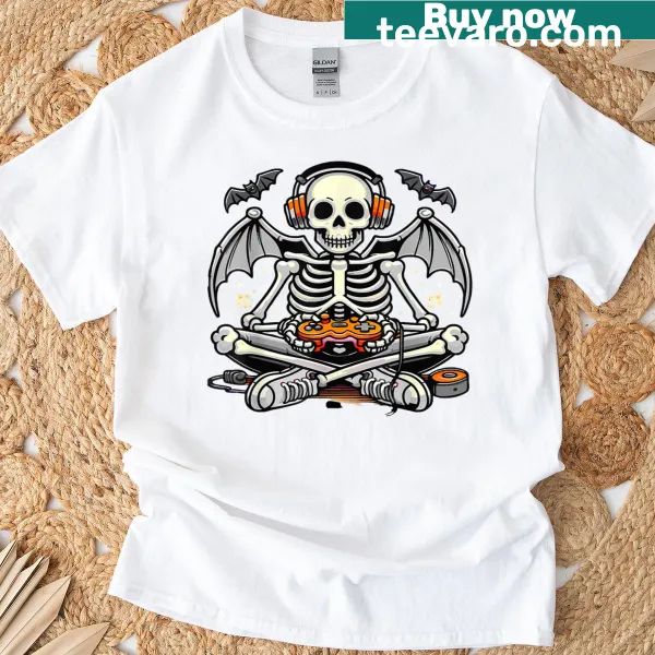 Skeleton gamer character in a Halloween-themed design t-shirt