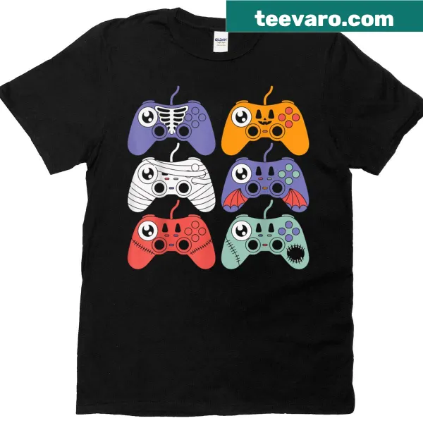 Halloween-themed shirt with mummy and gaming controllers illustration