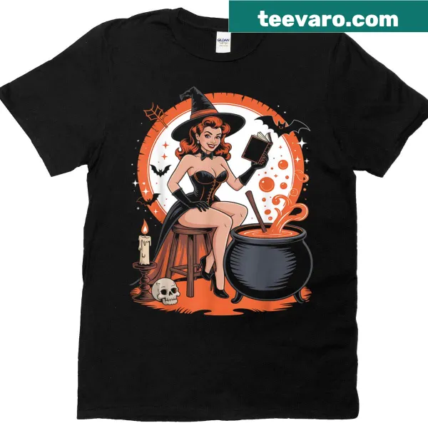 Vintage Halloween T-shirt featuring a pin-up witch graphic