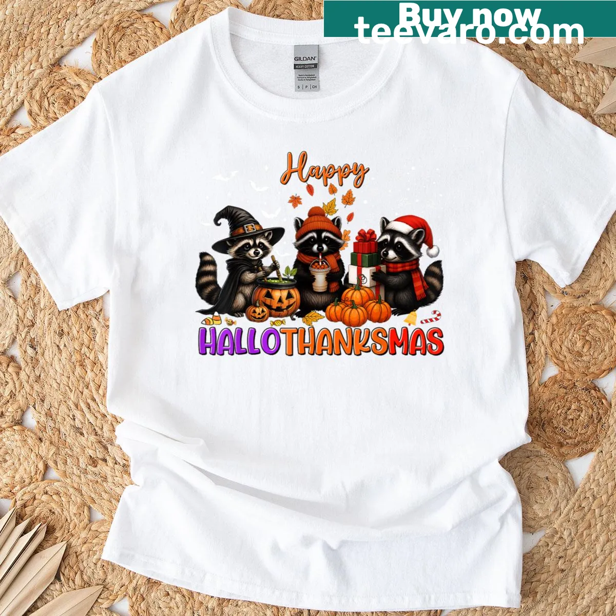 Whimsical shirt with a raccoon celebrating Halloween, Thanksgiving, and Christmas. — on a men's t-shirt