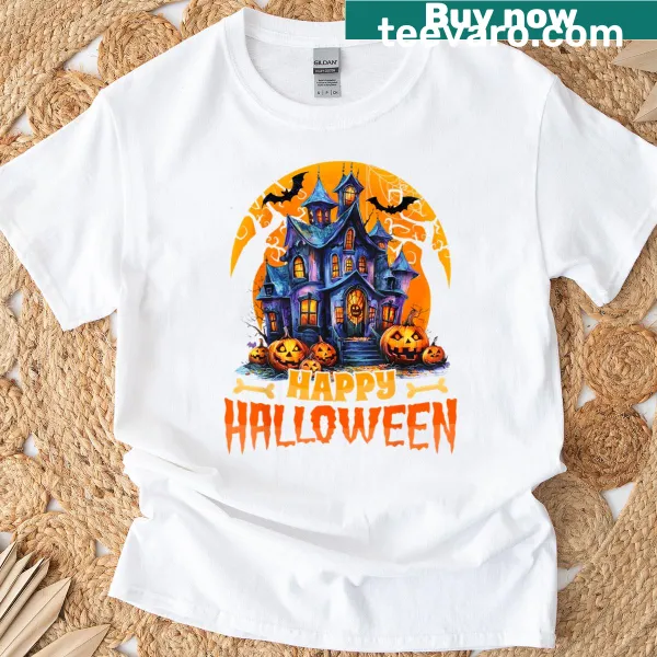 Haunted house graphic on a Halloween-themed T-shirt