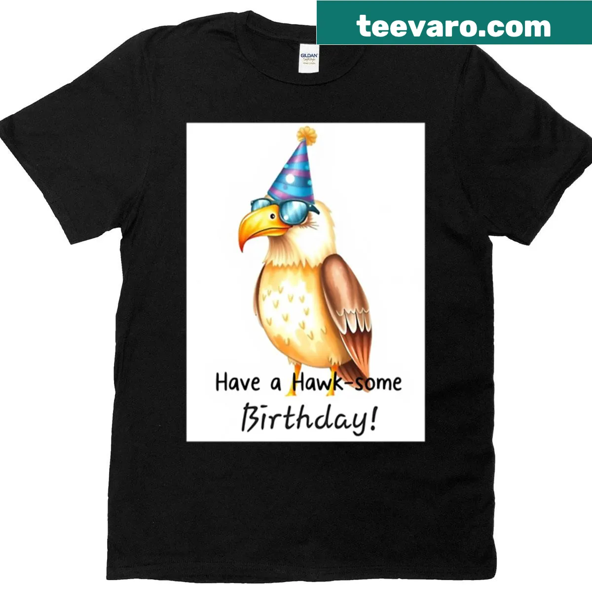 Kawaii eagle hawk t-shirt with balloons and cute birthday text — on a men's t-shirt