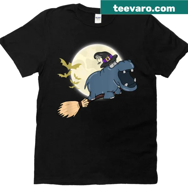 Cute hippo in a witch hat riding a broomstick design T-shirt