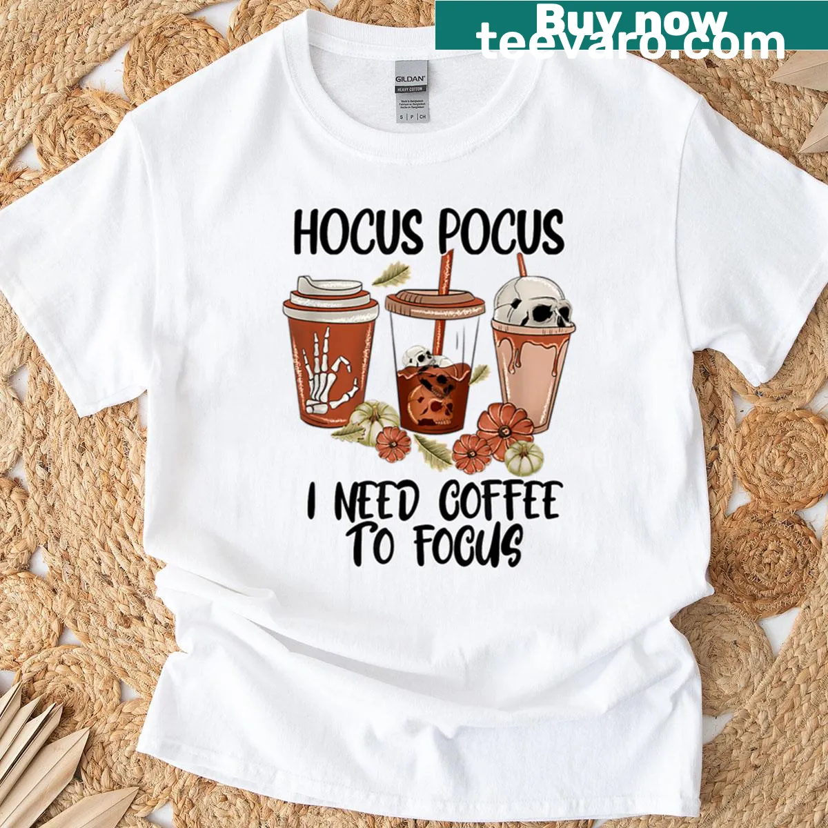 Halloween-themed T-shirt for teachers with coffee and focus text — on a men's t-shirt
