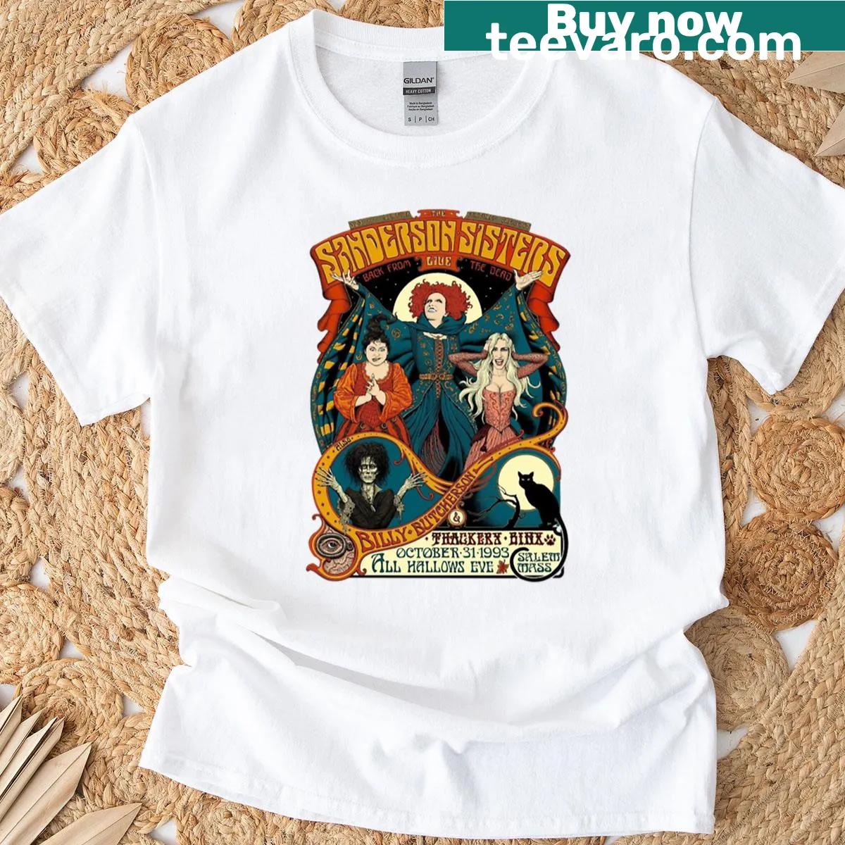 Hocus Pocus T-shirt featuring Sanderson Sisters design — on a men's t-shirt