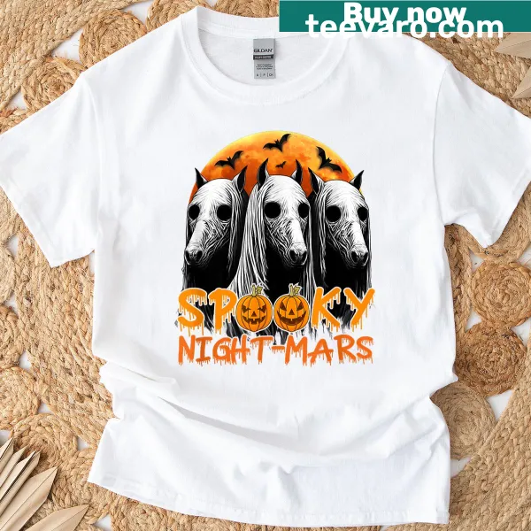 Vintage horror T-shirt with spooky horses and ghost designs
