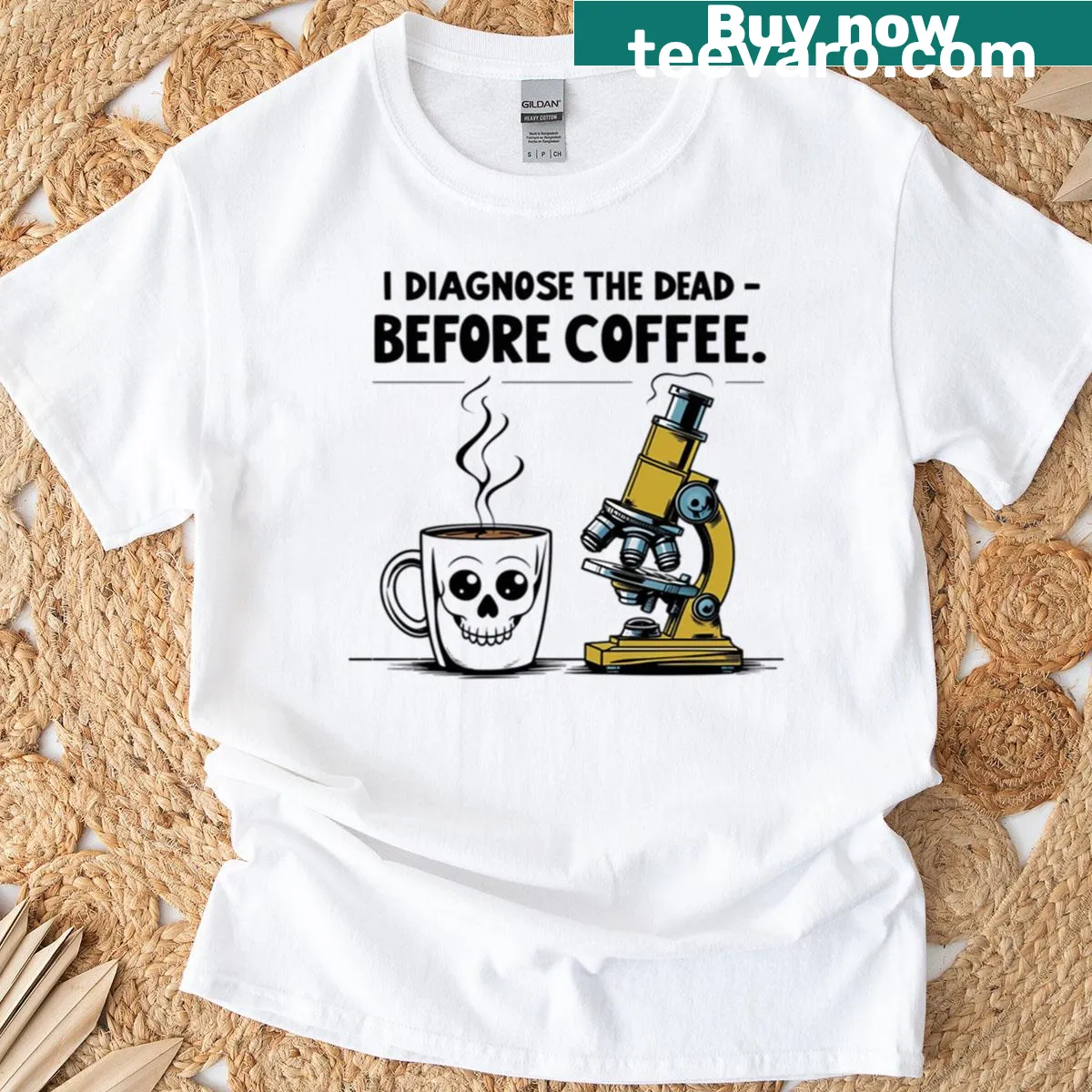 Funny pathologist t-shirt humorously stating coffee is essential. — on a men's t-shirt