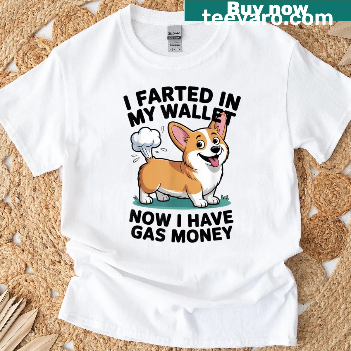 Funny T-shirt with a corgi about farting and gas money — on a men's t-shirt