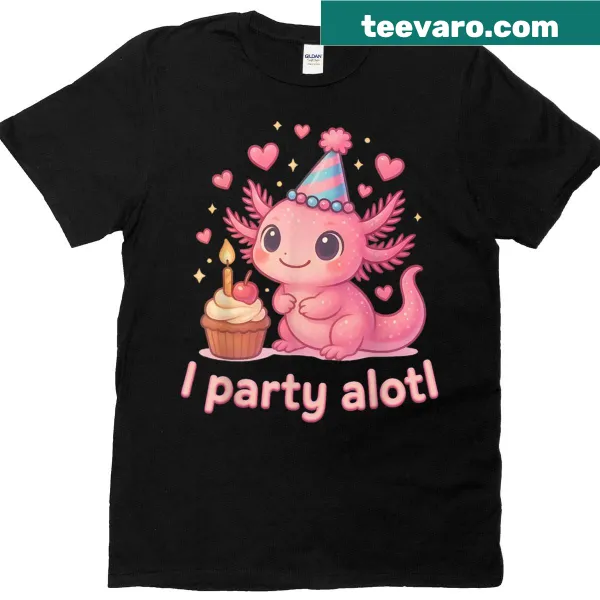 Cute axolotl illustration on a birthday party T-shirt for kids.