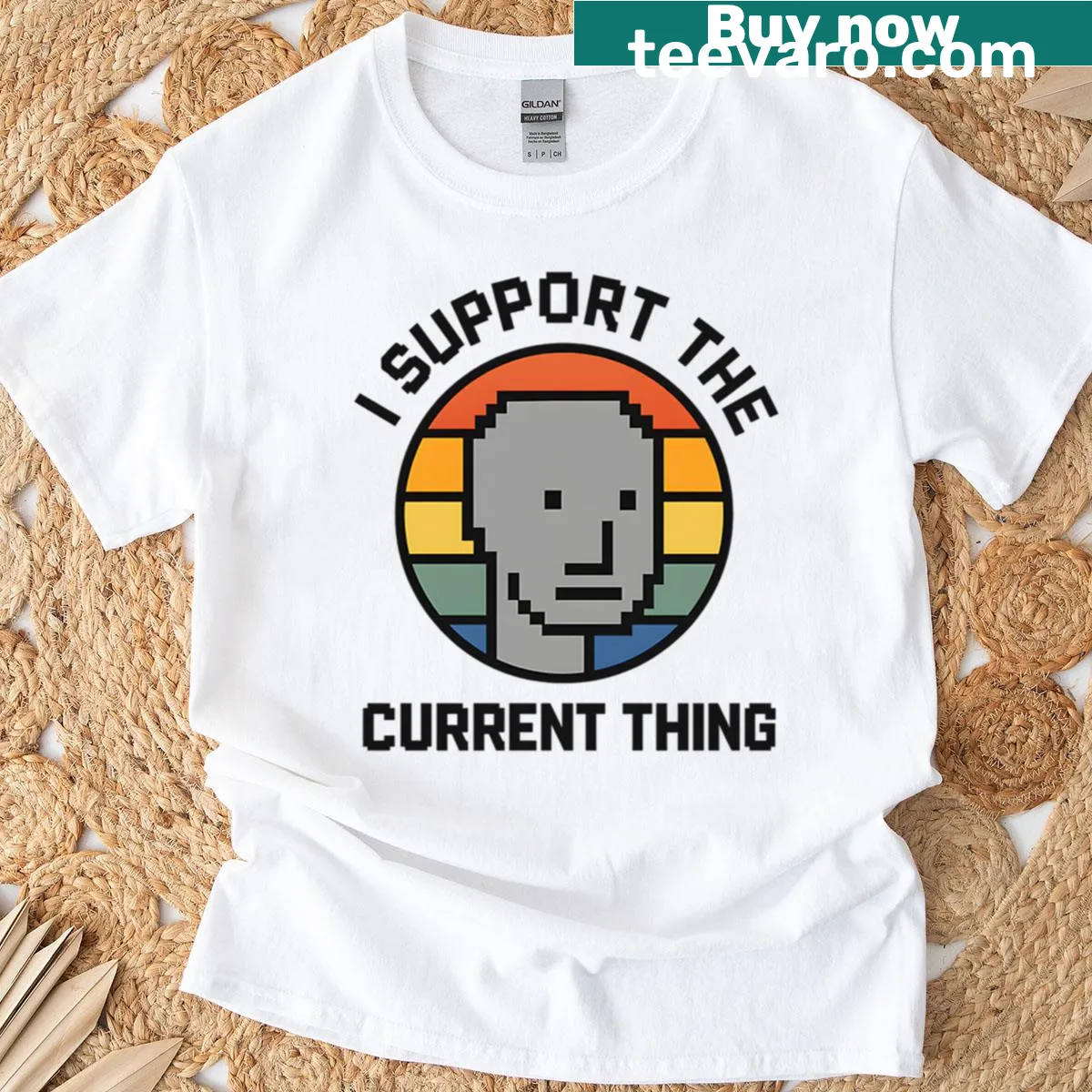 Oversized T-shirt with pixel art NPC meme and retro sunset design — on a men's t-shirt