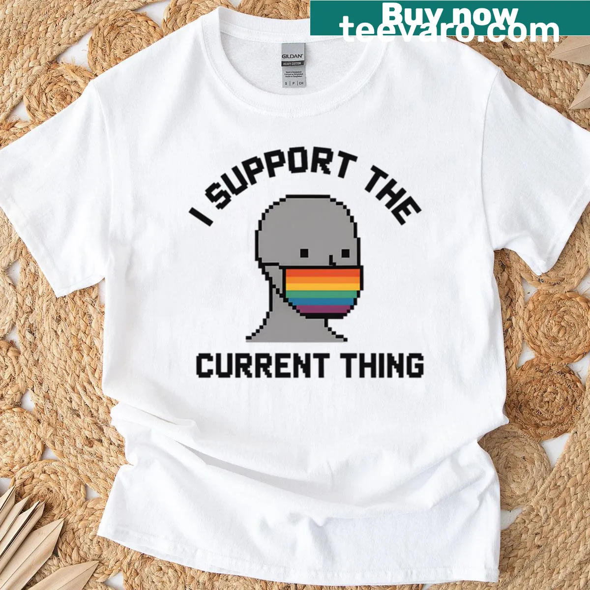 T-shirt featuring pixel art NPC meme with a mask design — on a men's t-shirt