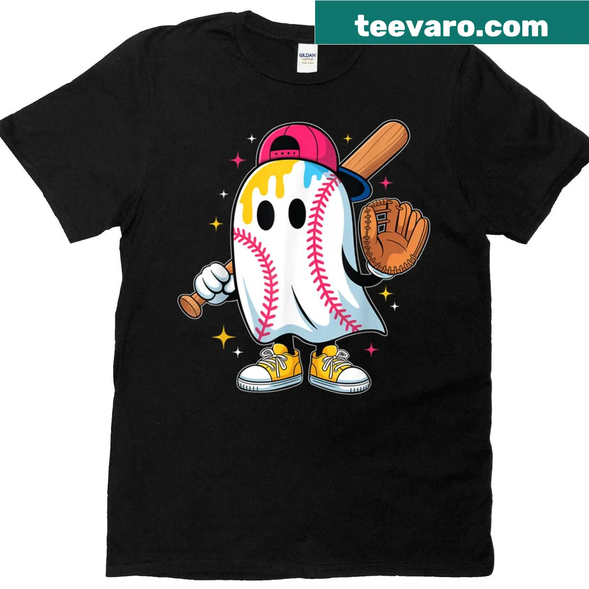 Ghost graphic T-shirt with ice cream melting over a baseball — on a men's t-shirt