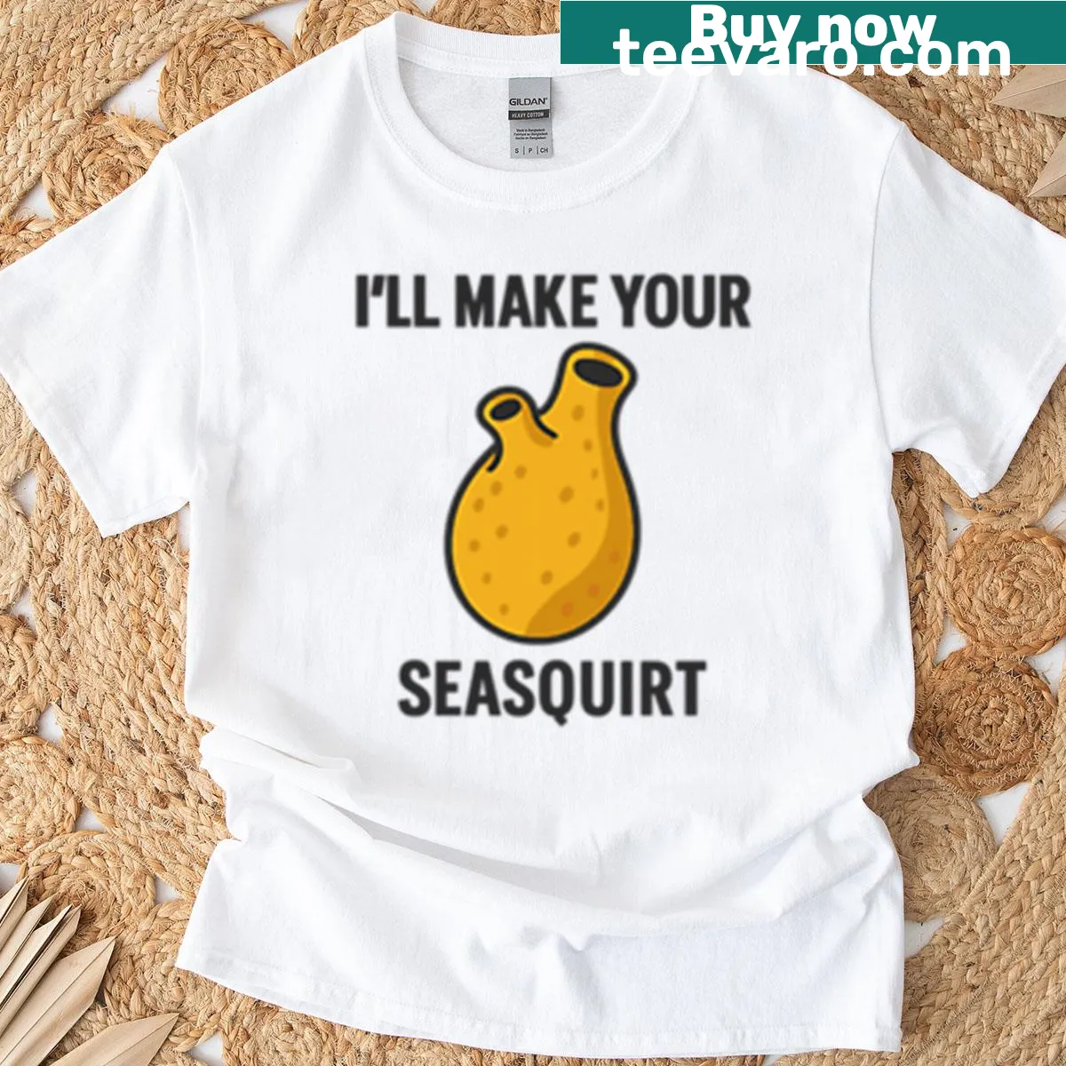 Humorous tunicate-themed T-shirt with the phrase 'I'll Make Your Seasquirt' — on a men's t-shirt
