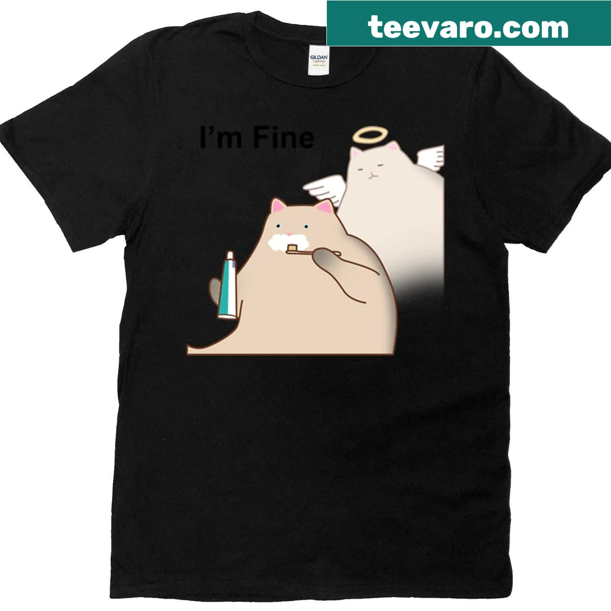 Sarcastic 'I'm Fine' cat meme graphic T-shirt — on a men's t-shirt