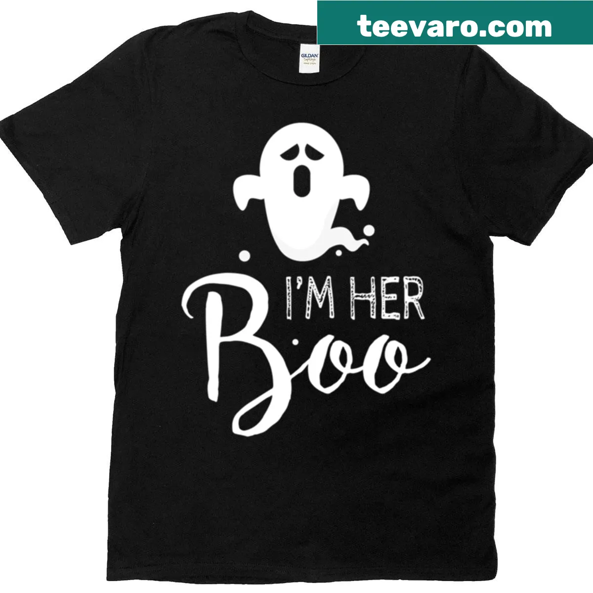 Halloween matching couple t-shirt with I’m Her Boo text — on a men's t-shirt