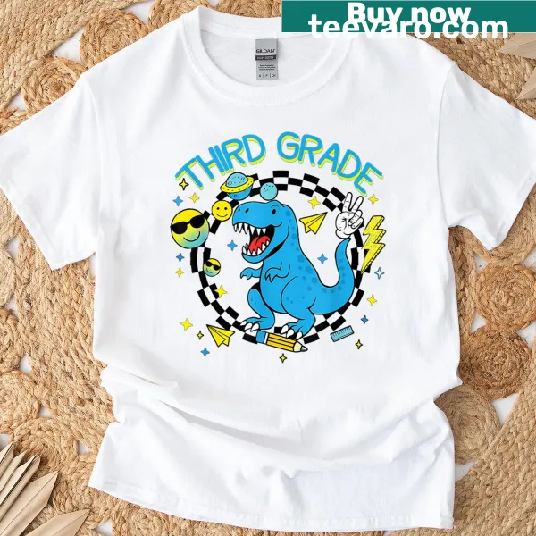Dinosaur-themed kids t-shirt featuring a cute illustration for third graders