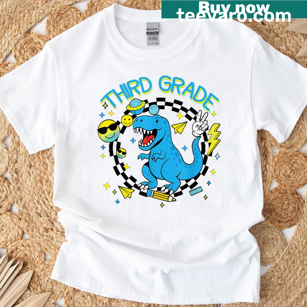 Dinosaur-themed kids t-shirt featuring a cute illustration for third graders — on a men's t-shirt