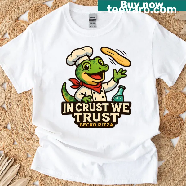 Oversized T-shirt with gecko pizza graphic and the phrase 'In Crust We Trust'
