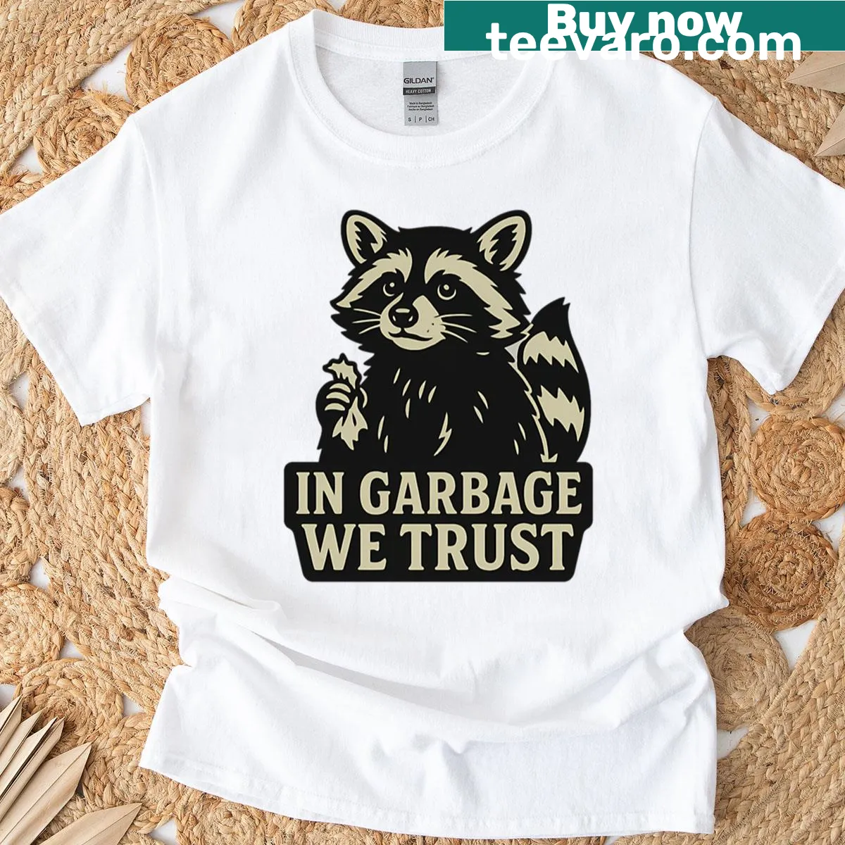 Funny raccoon design with the phrase 'In Garbage We Trust' on T-shirt — on a men's t-shirt
