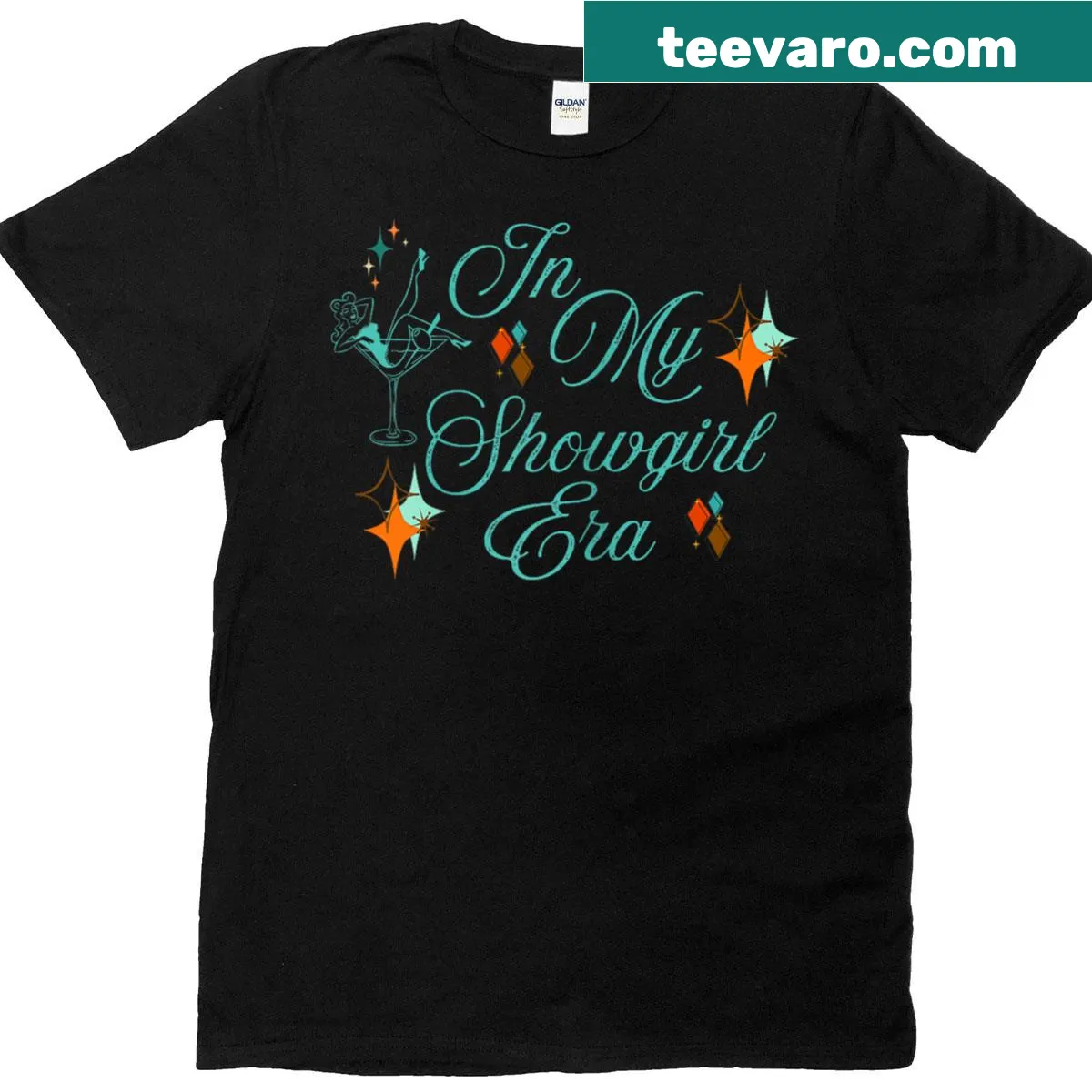 Whimsical illustration of a dancer on a showgirl-themed t-shirt. — on a men's t-shirt