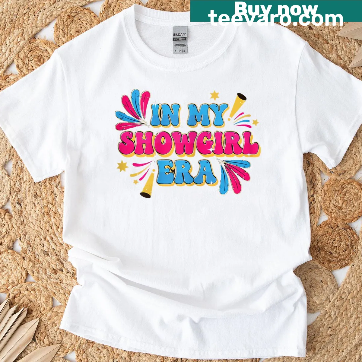 T-shirt with 'In My Showgirl Era' text and sparkly graphic — on a men's t-shirt