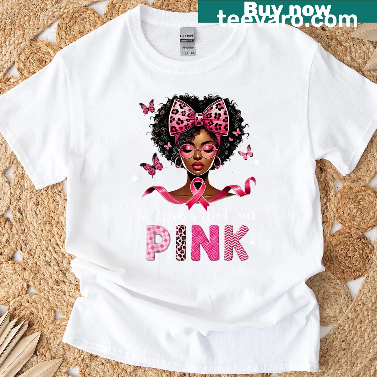 T-shirt with the phrase 'In October We Wear Pink' in supportive typography — on a men's t-shirt