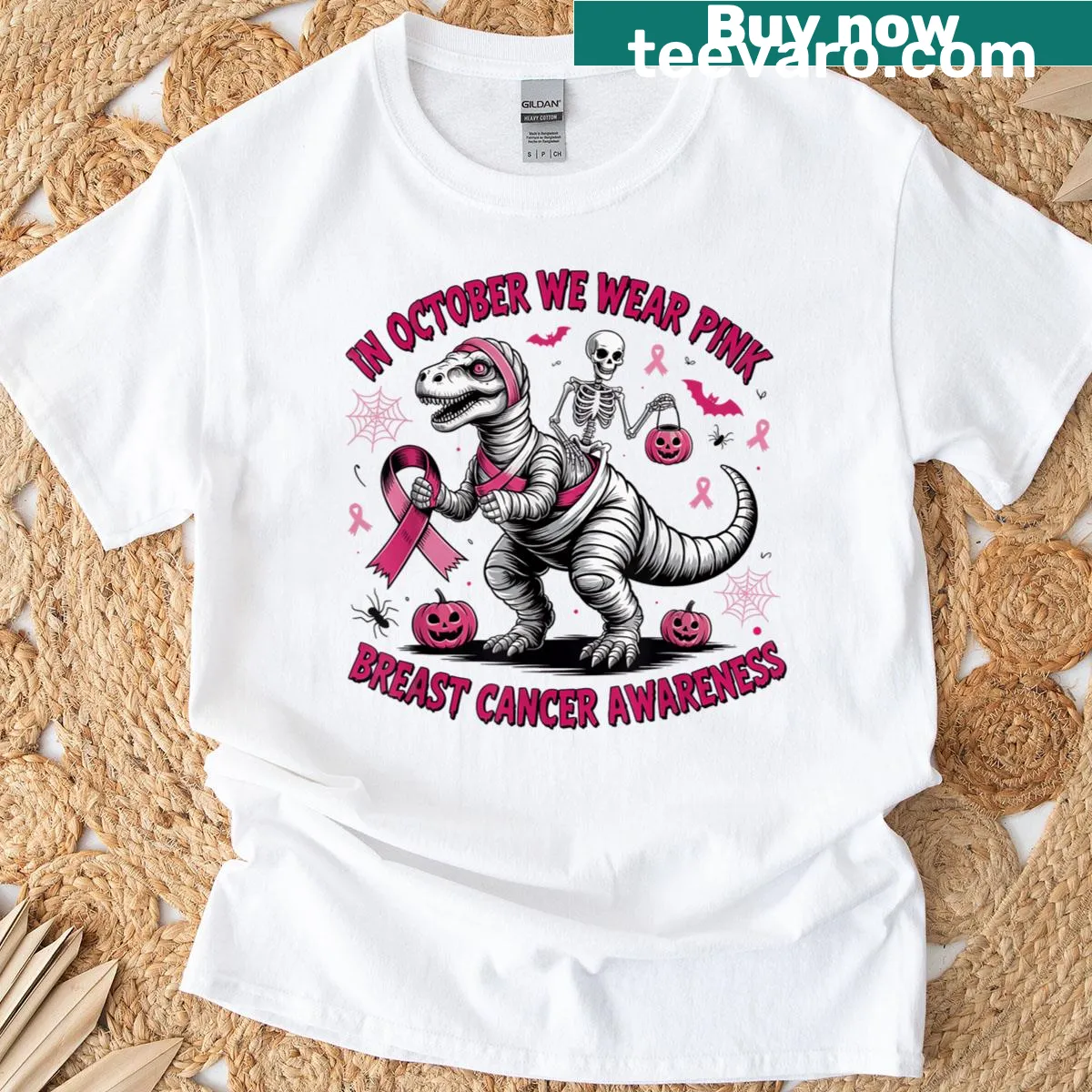 Dinosaur skeleton wearing a pink ribbon for breast cancer awareness. — on a men's t-shirt
