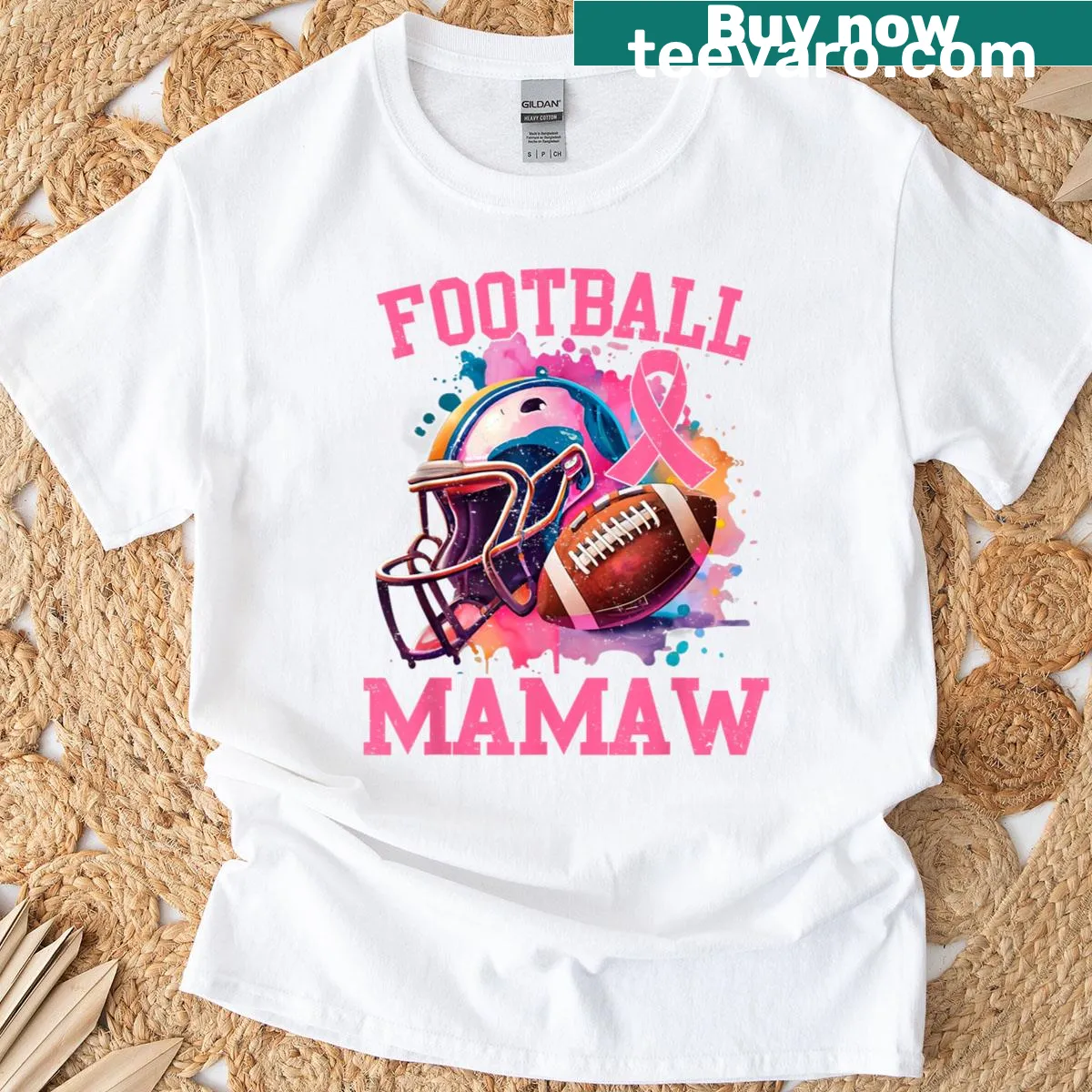October awareness t-shirt with pink theme and football design — on a men's t-shirt