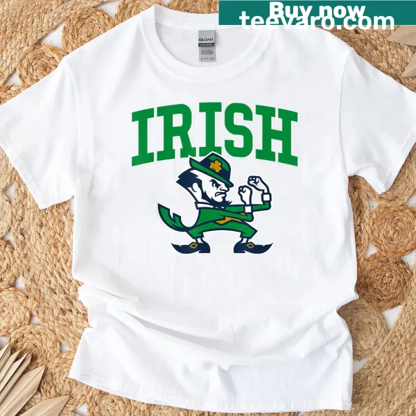 Illustrated T-shirt featuring a leprechaun and Irish clovers