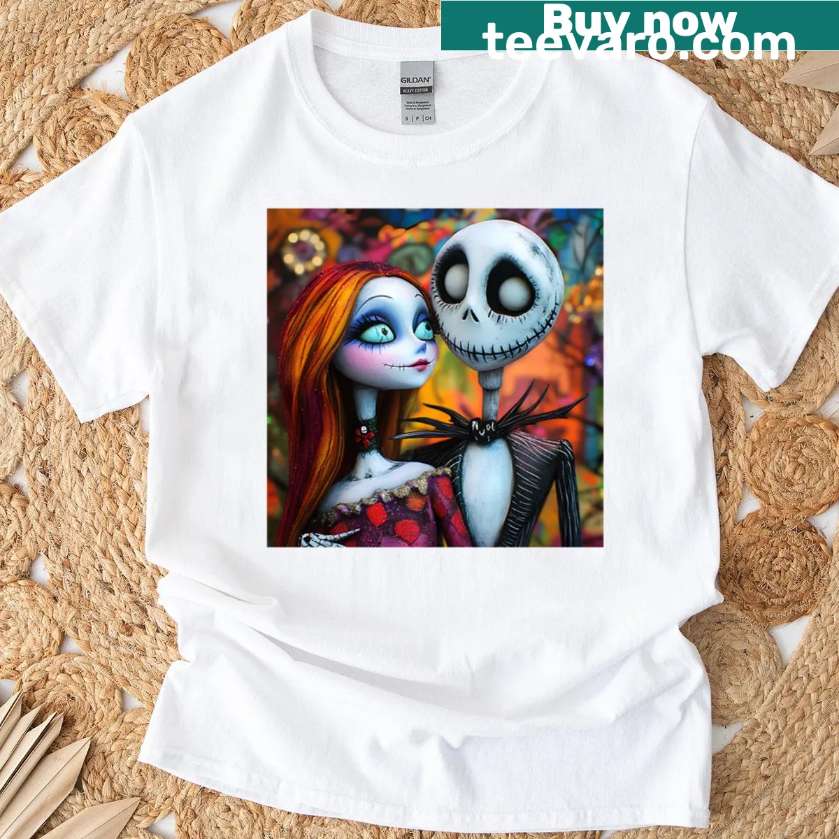 Illustration of Jack and Sally embracing from The Nightmare Before Christmas. — on a men's t-shirt