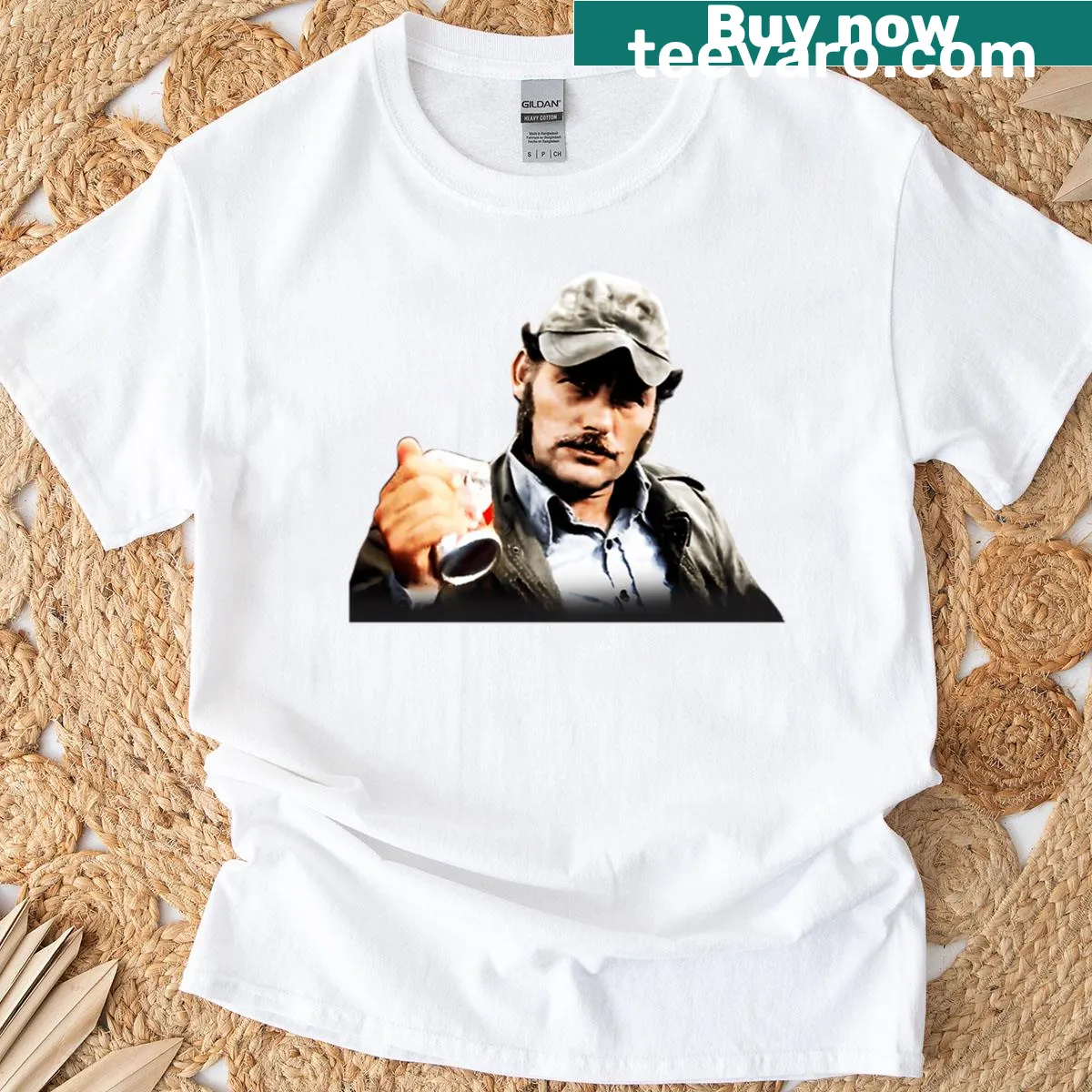 Illustration of Captain Quint vs. a humorous shark meme on T-shirt — on a men's t-shirt