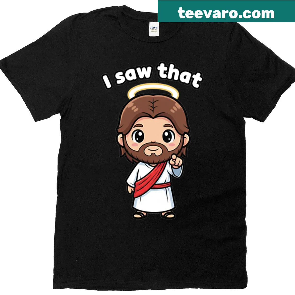 Sarcastic oversized T-shirt with 'Jesus I Saw That' printed on it. — on a men's t-shirt