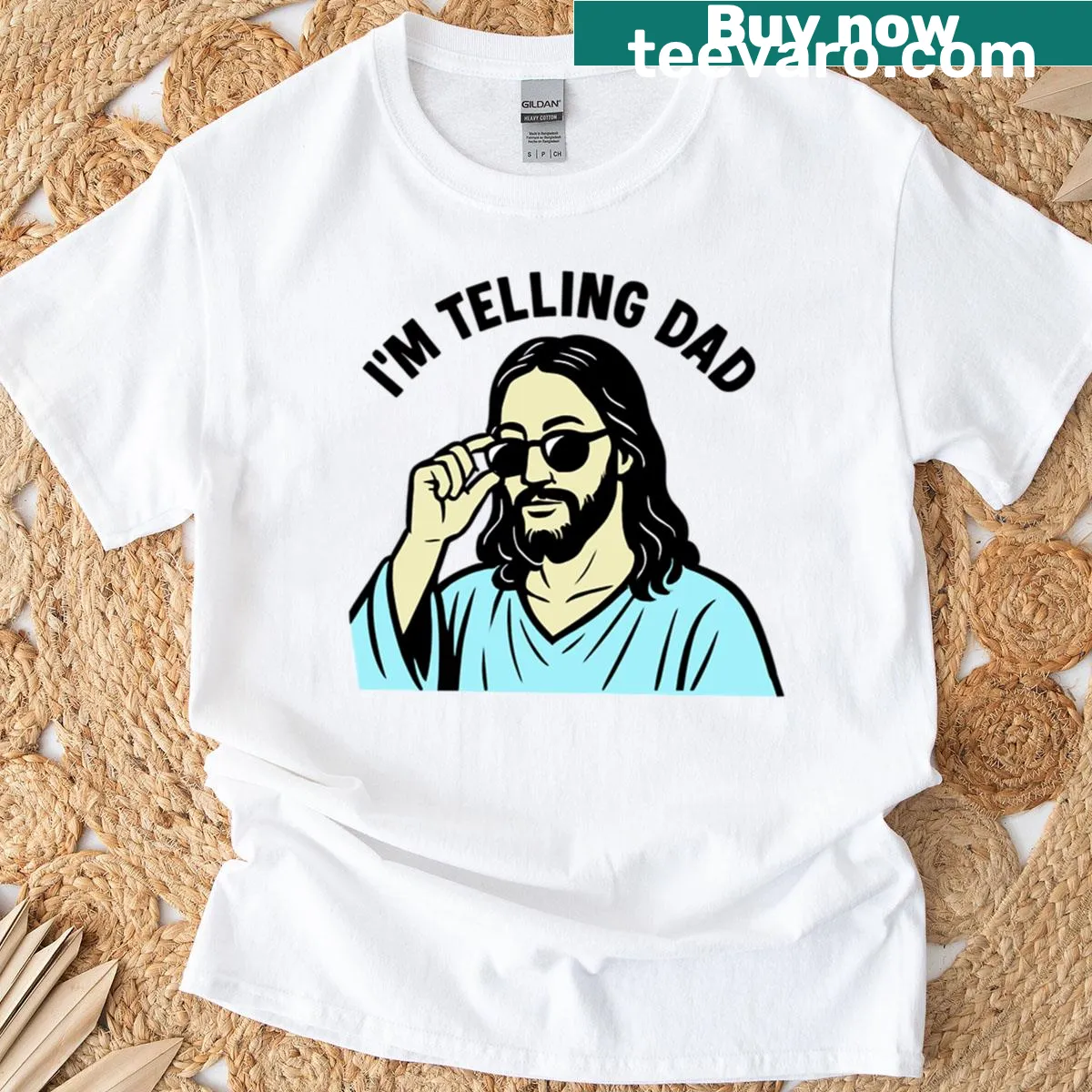 Oversized T-shirt with humorous religious text — on a men's t-shirt
