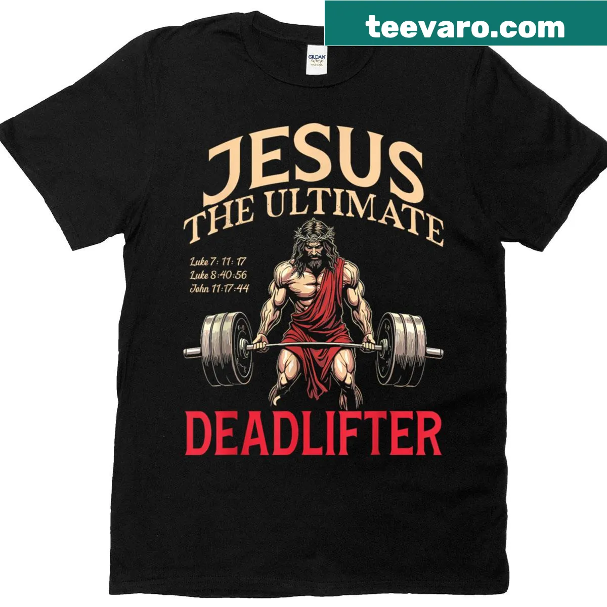Illustration of Jesus deadlifting on a Christian t-shirt — on a men's t-shirt