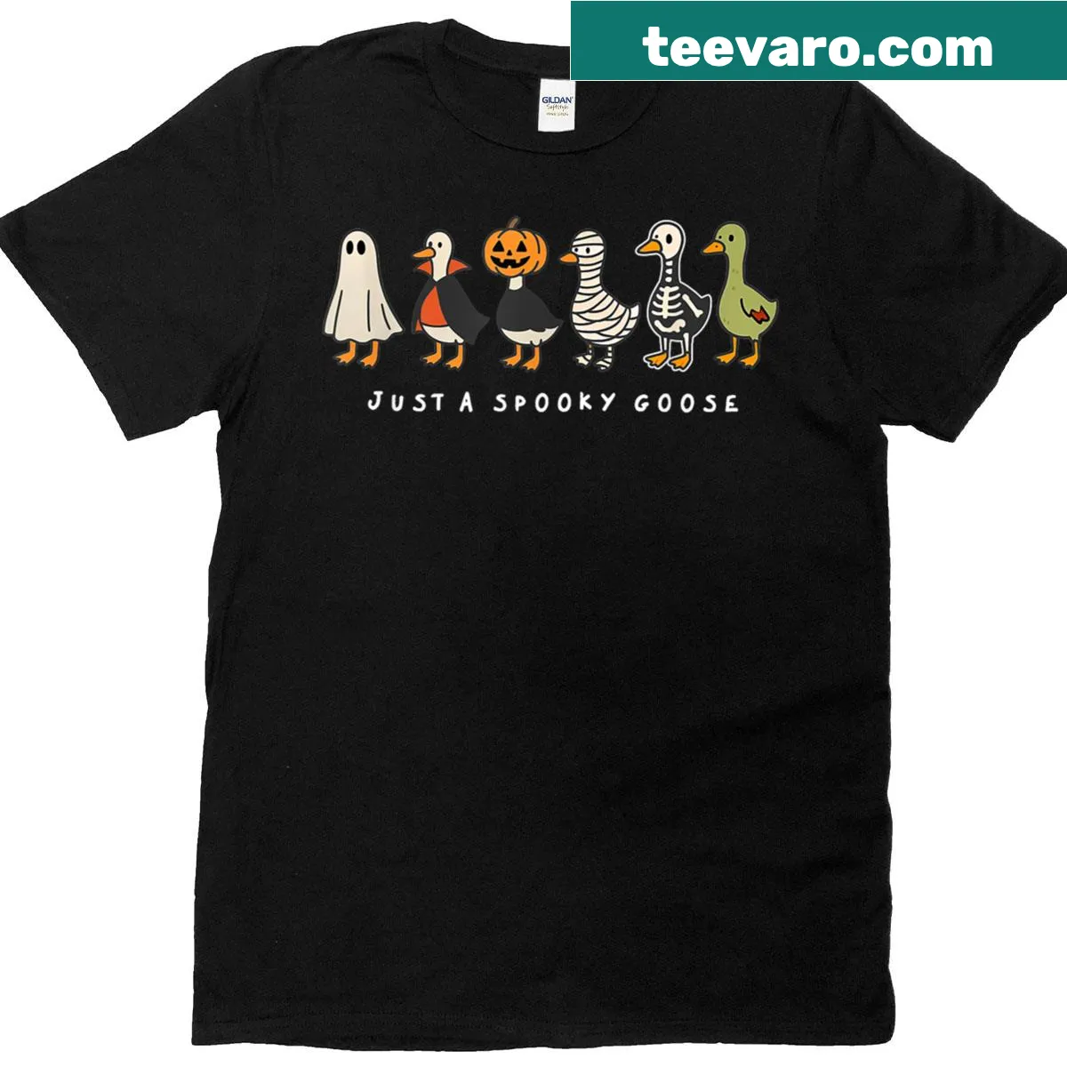 Cute goose graphic T-shirt for Halloween with spooky theme — on a men's t-shirt
