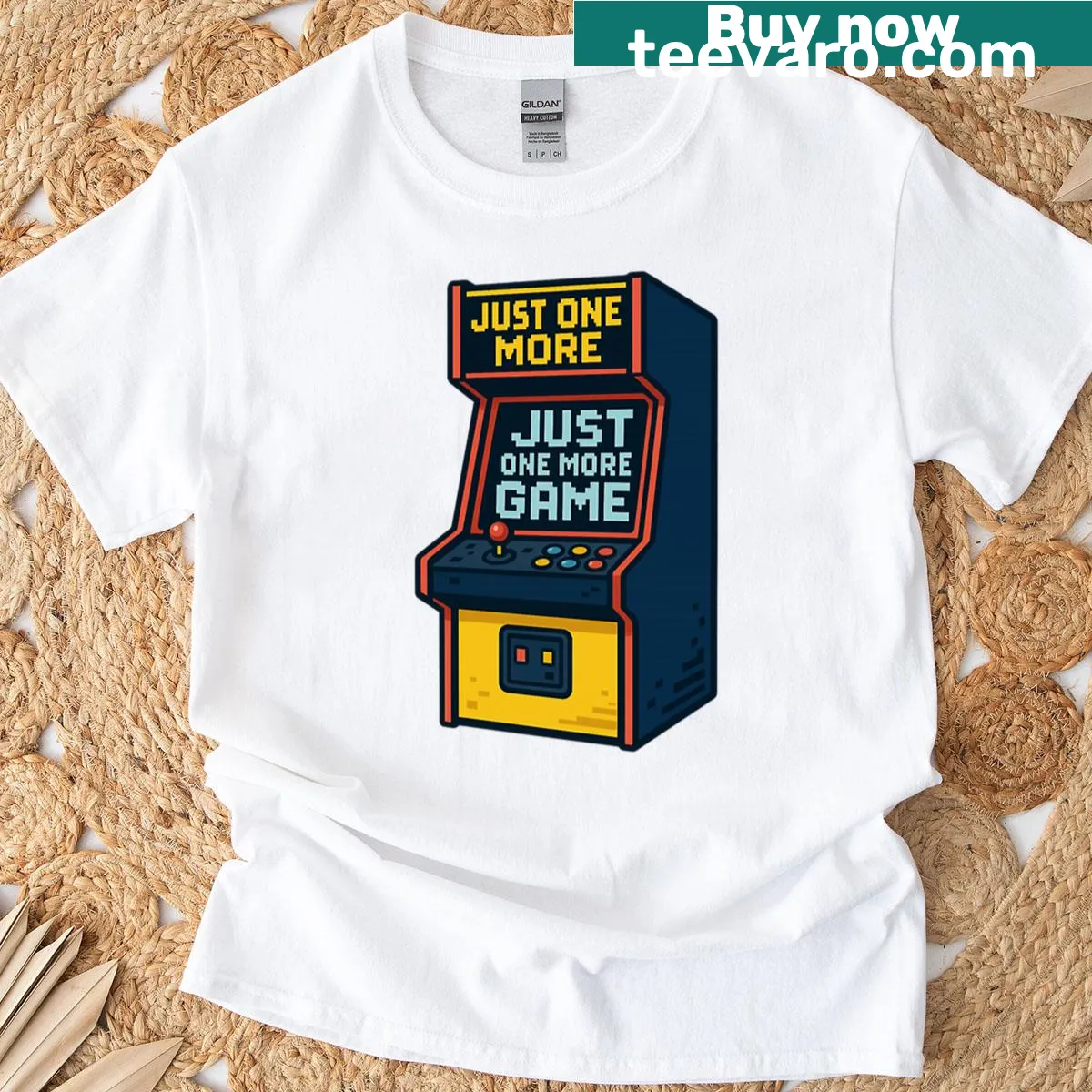 Just One More Game text graphic on T-shirt — on a men's t-shirt