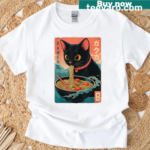 Kawaii cat t-shirt with ramen design in manga style.