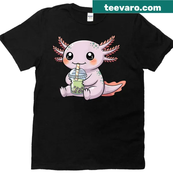 Kawaii axolotl enjoying bubble tea on a kid's T-shirt