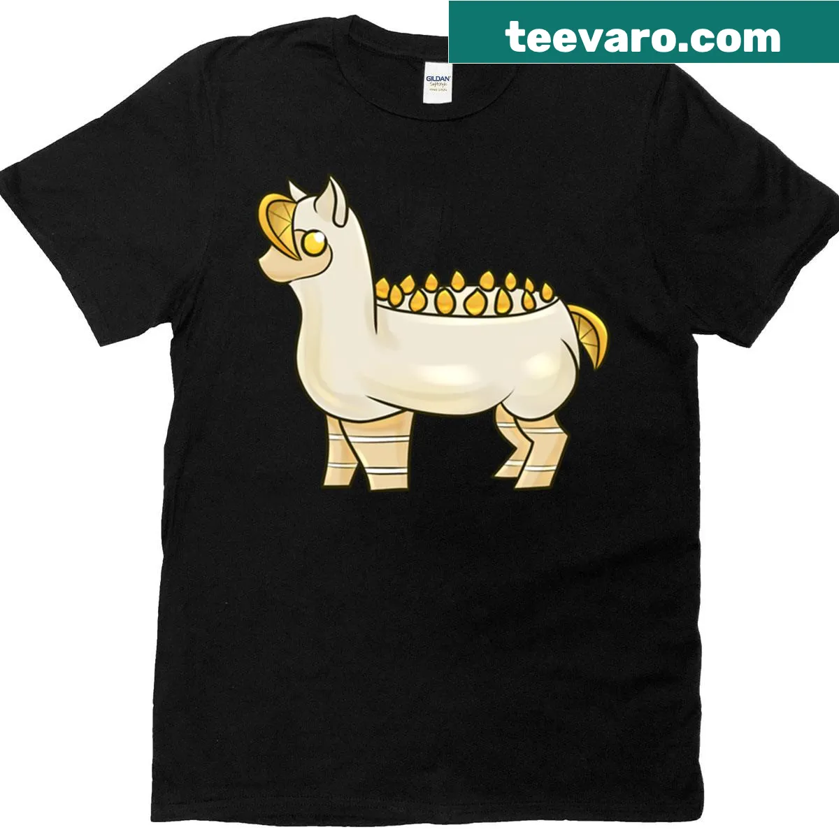 Illustration of an alpaca with lemon cake on a playful T-shirt — on a men's t-shirt