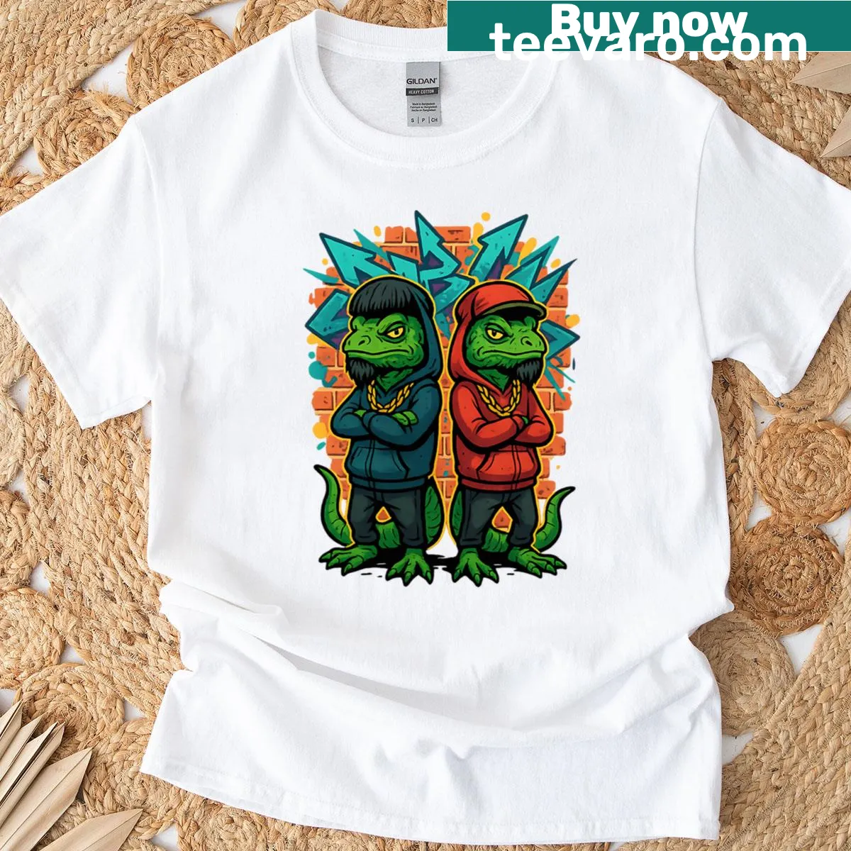 Cartoon lizards in a graffiti style on T-shirt — on a men's t-shirt