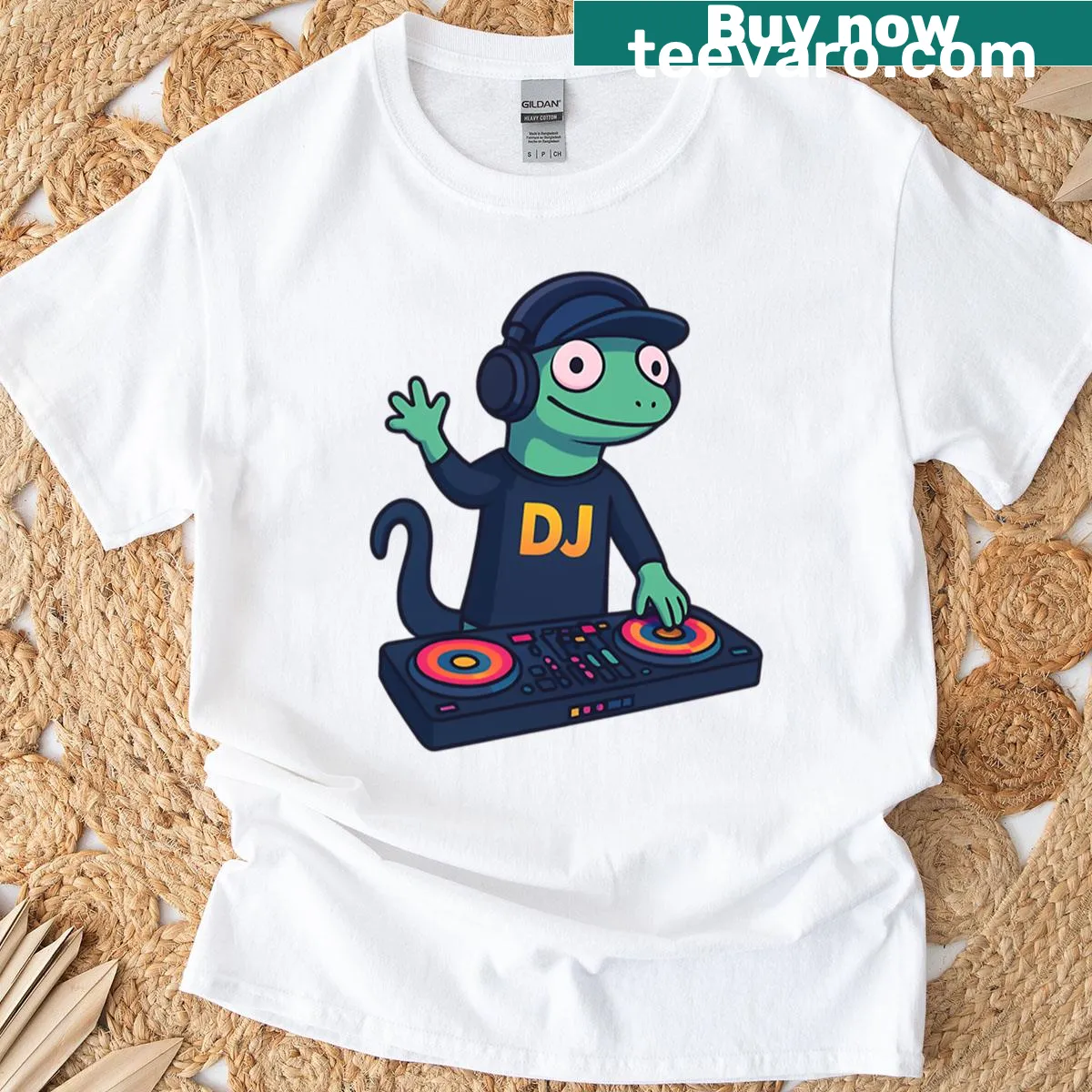 Funny t-shirt featuring 'Lizard Lizard Lizard' with a DJ graphic — on a men's t-shirt