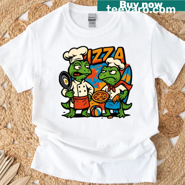Humorous T-shirt with lizards as pizza chefs in a graffiti design
