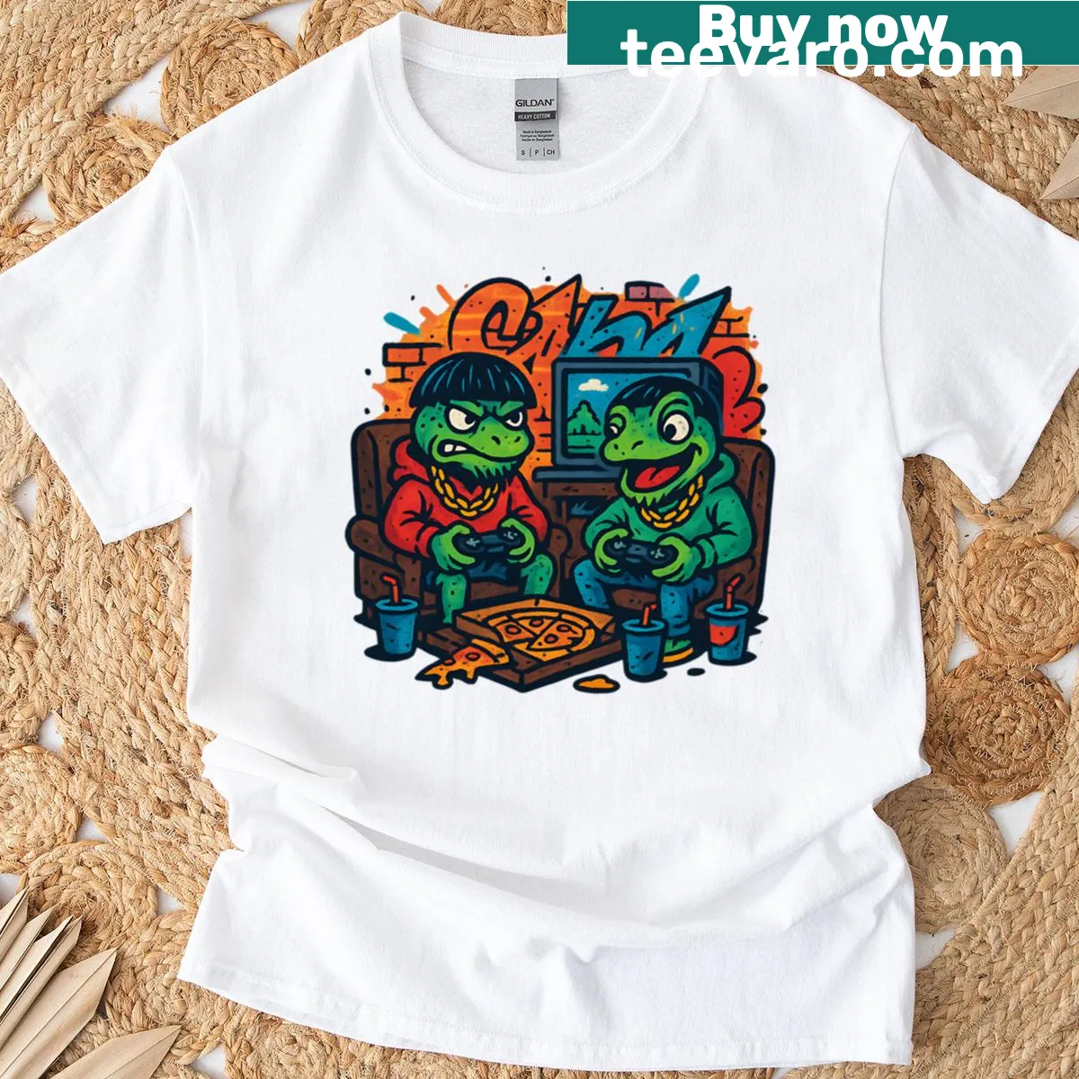 Cartoon lizards playing video games in graffiti style on T-shirt — on a men's t-shirt
