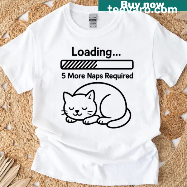 Oversized t-shirt featuring a funny sleeping cat and nap-loading graphic