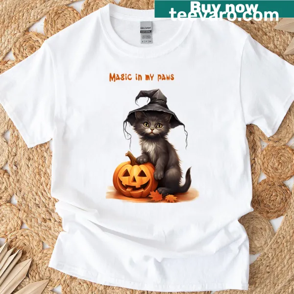 Halloween-themed oversized t-shirt with a magical cat design