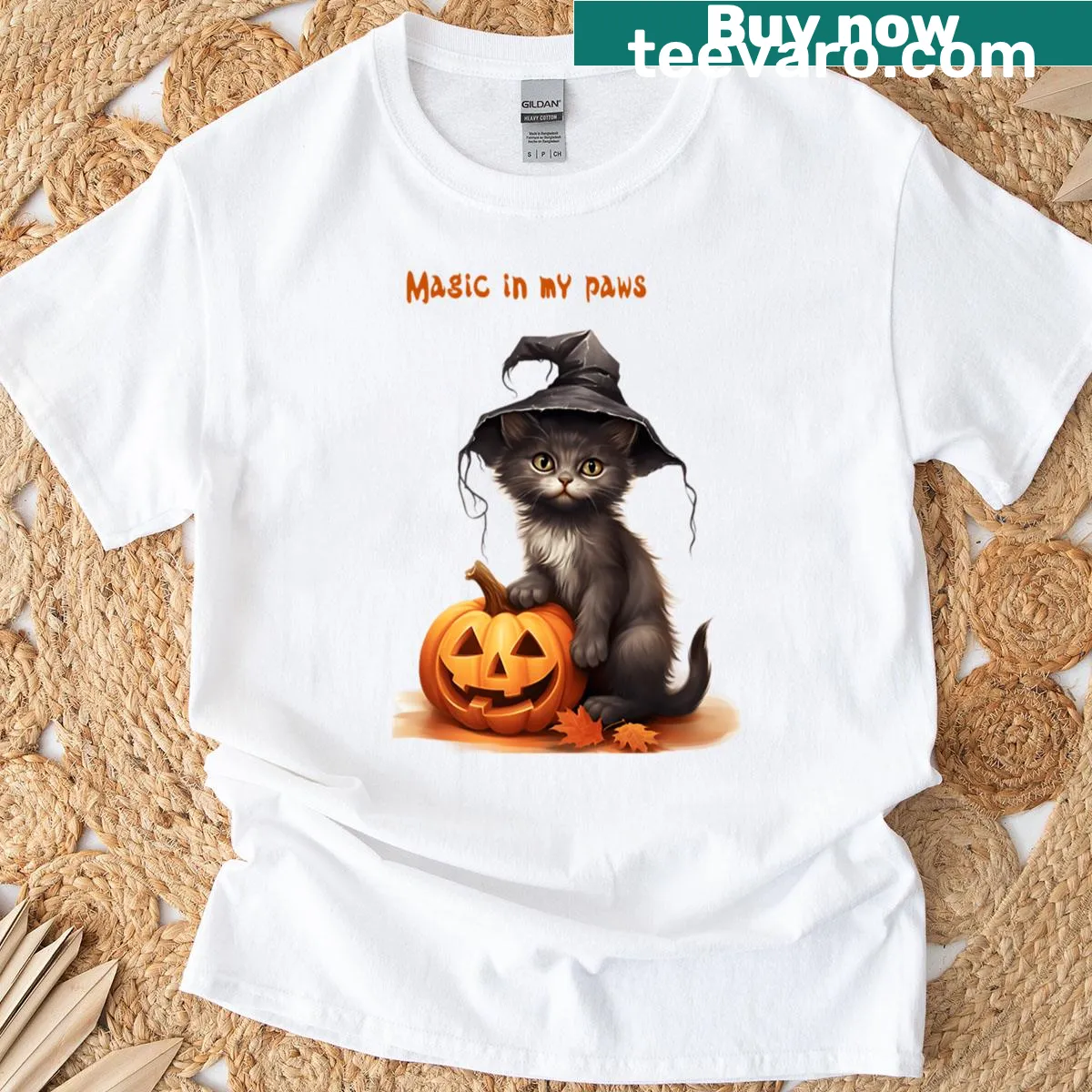 Halloween-themed oversized t-shirt with a magical cat design — on a men's t-shirt