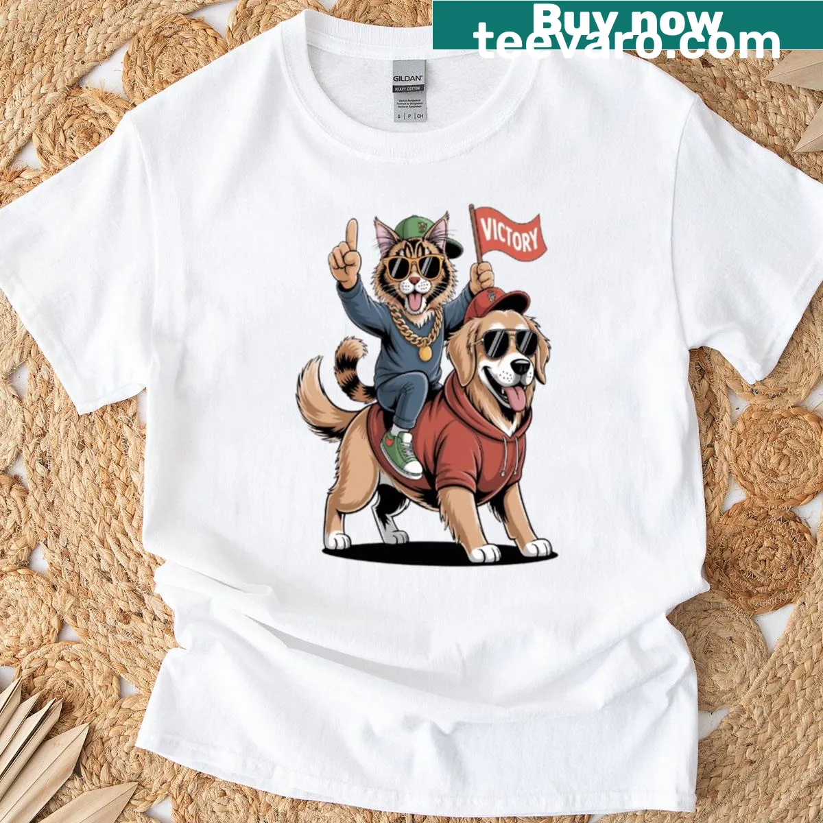 Illustration of a Maine Coon cat riding a golden retriever on a T-shirt — on a men's t-shirt