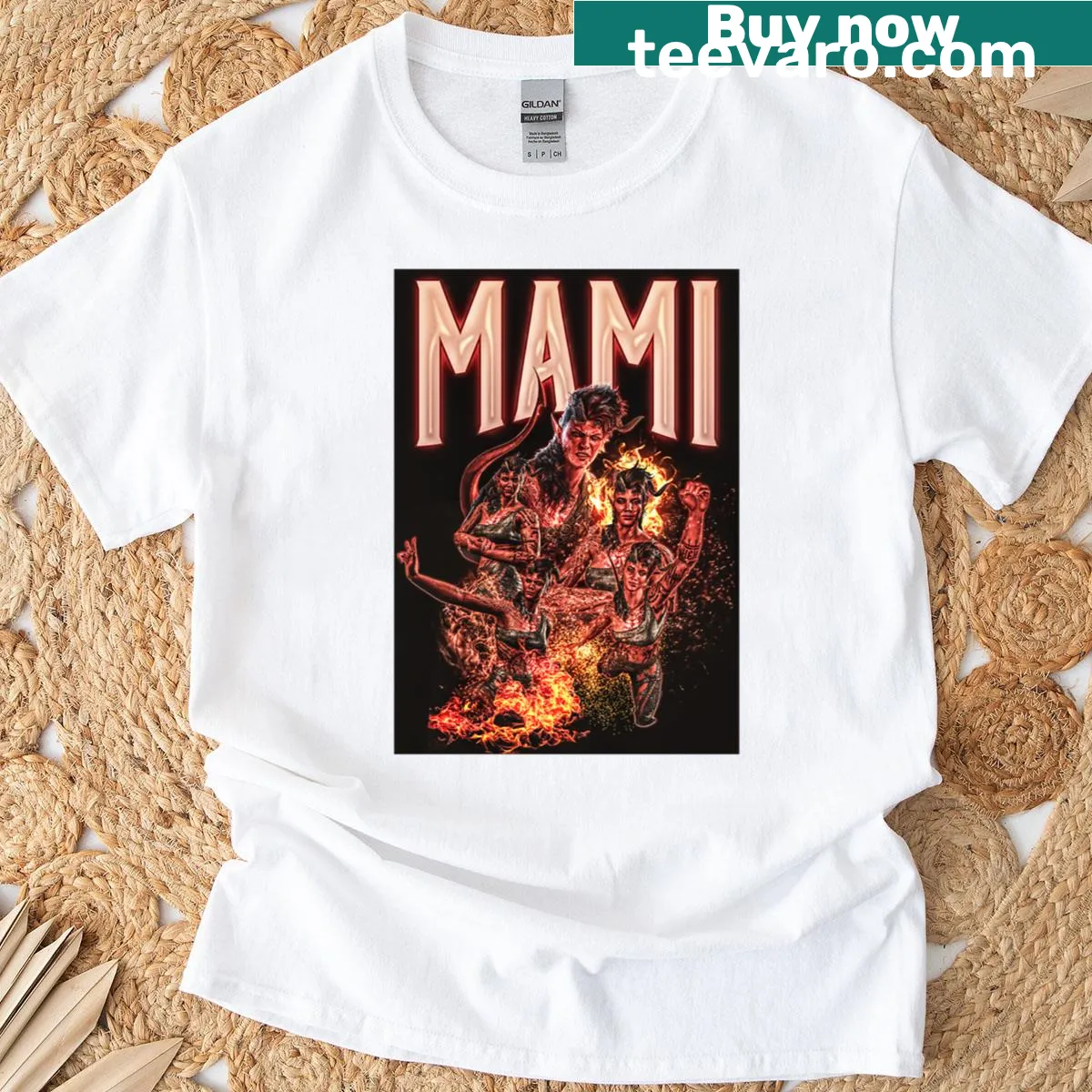 T-shirt featuring a design inspired by the character Karlach — on a men's t-shirt