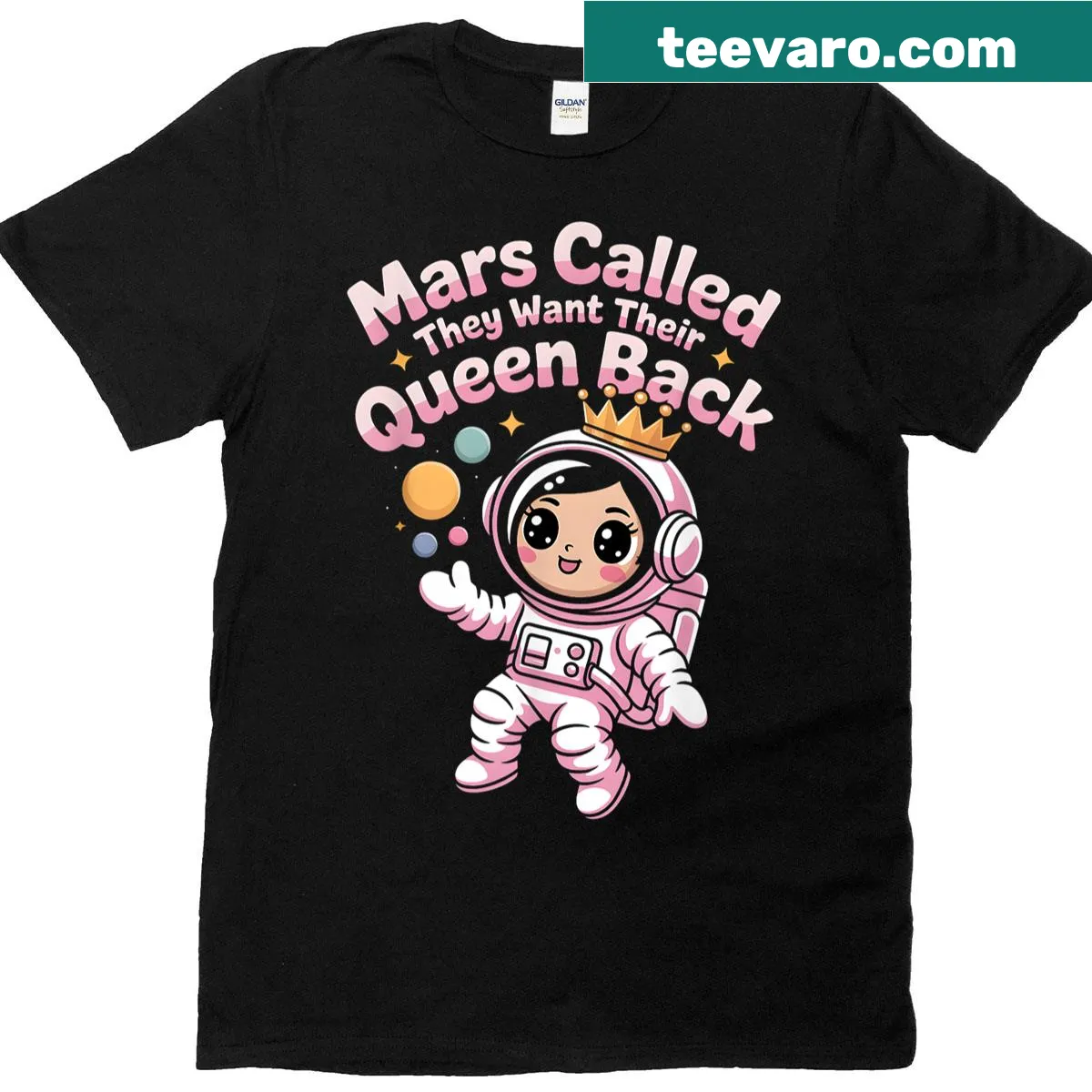Kawaii t-shirt featuring a cute illustration of Mars with cosmic elements — on a men's t-shirt